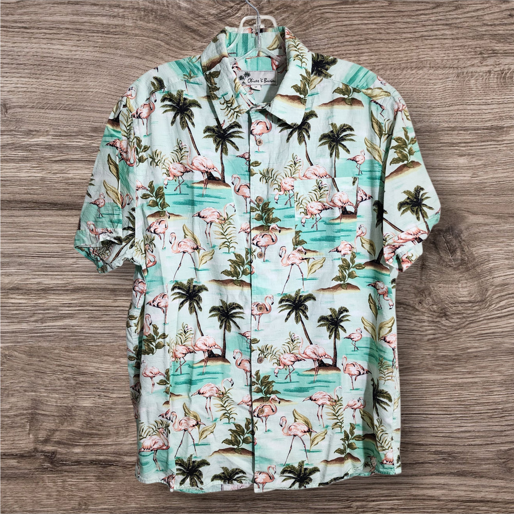 Oliver & Burke Palm tree and flamingo print button front Hawaiian shirt men sz M